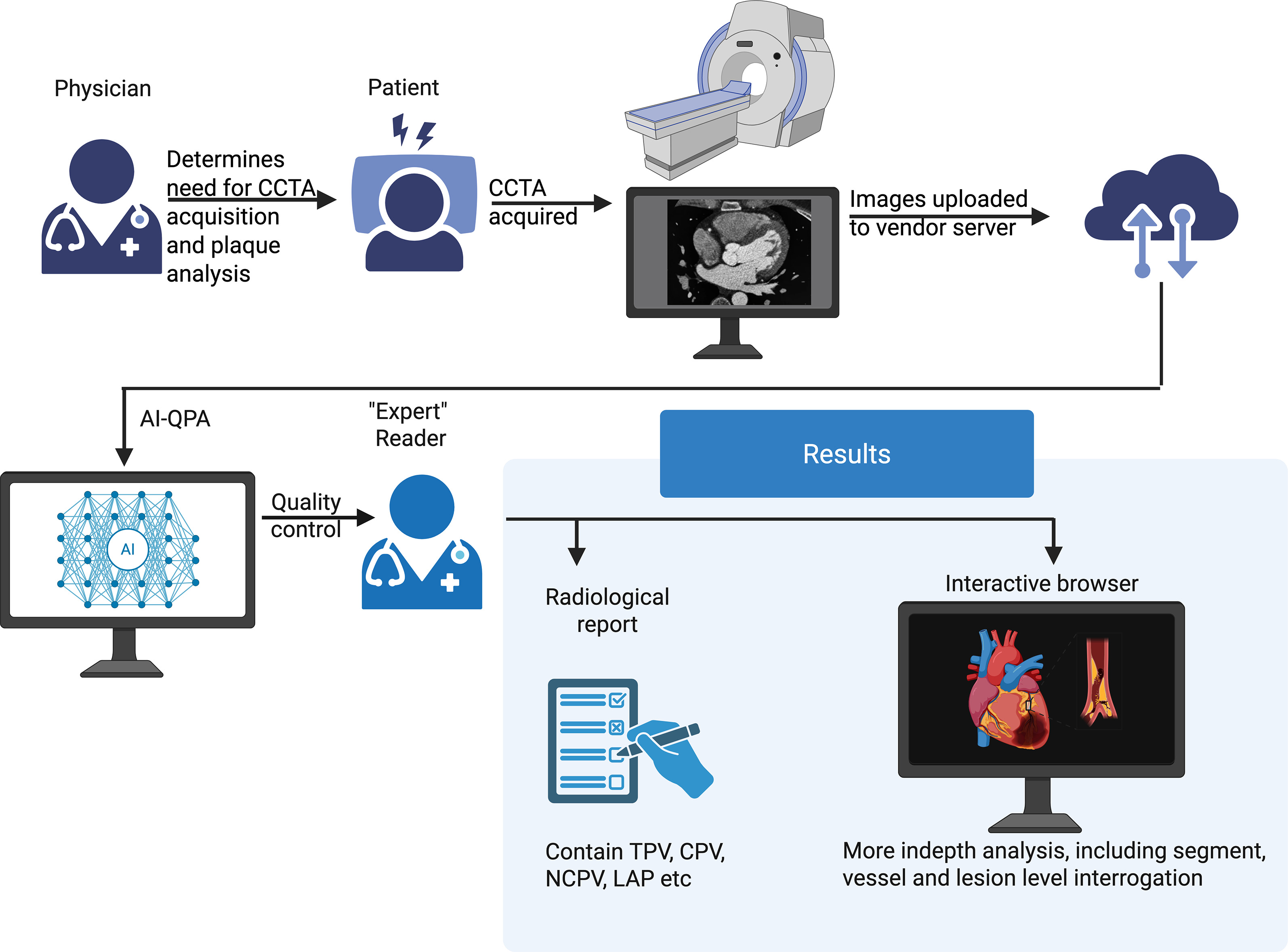 Plaque analysis workflow among the popular 3 vendors in the United States. AI-QPA, artificial intelligence-guided quantitative plaque analysis; CCTA, coronary CTA; CPV, calcified plaque volume; LAP, low-attenuation plaque; NCPV, noncalcified plaque volume; TPV, total plaque volume. Created in BioRender. Basunia, A.
