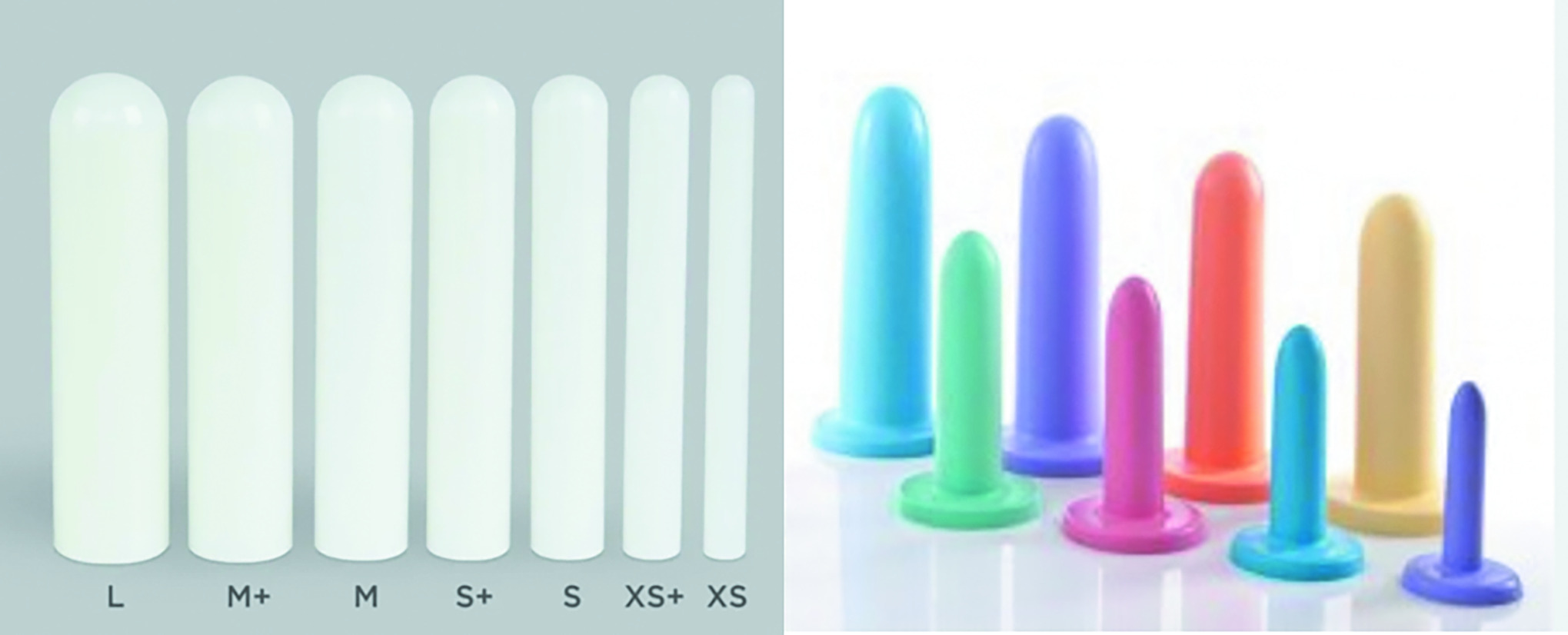 Examples of silicone and hard plastic vaginal dilators in different sizes.