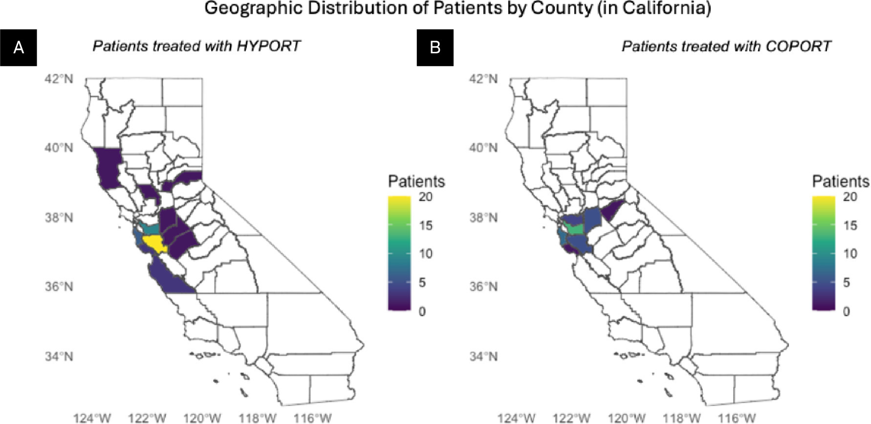 Geographic distribution of residences (California only) for patients who were treated with (A) hypofractionated postprostatectomy radiation therapy (HYPORT) vs (B) conventionally fractionated radiation therapy (COPORT). County shading represents the number of patients residing in each county, with dark purple indicating fewer patients and yellow indicating higher patient counts, as shown in the accompanying color bars.