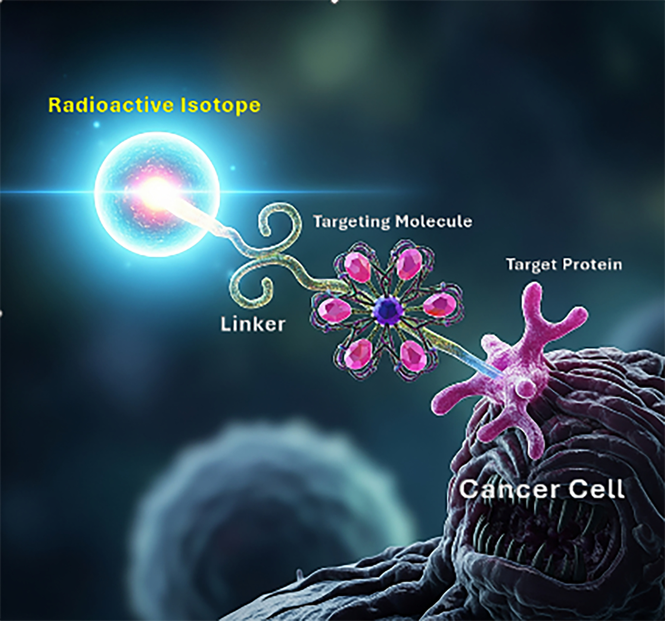 Conceptual drawing of a radiopharmaceutical made up of a radioactive isotope, linker, and targeting molecule complex which attaches to a target protein on a cancer cell.