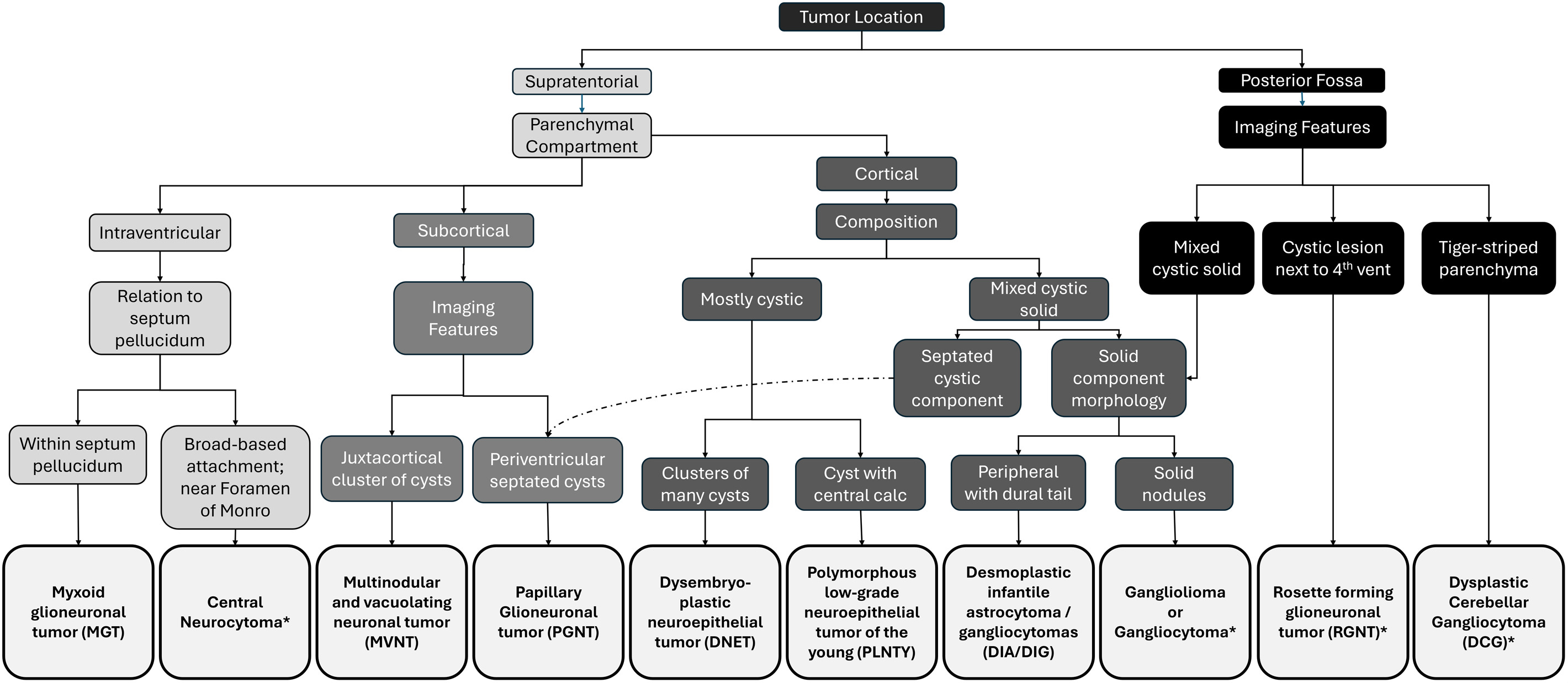 Approach to glioneuronal tumor differentiation. Glioneuronal tumors can overlap considerably in their imaging presentation. This flowchart shows the most prevalent presentations. Note that gangliogliomas are particularly variable in their imaging appearance and should be considered in the setting of an atypical cortical-based tumor. * indicates potential role for MR spectroscopy or MR perfusion.