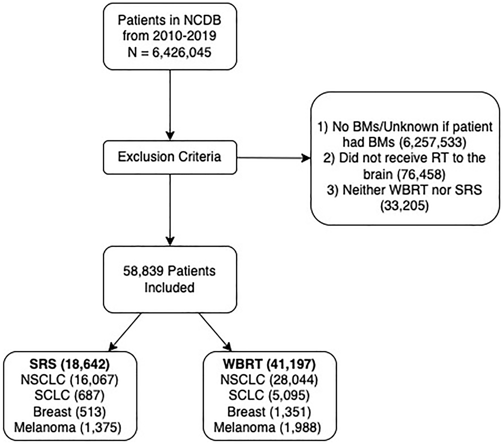Cohort selection flow diagram. The US National Cancer Database (NCDB) was queried to select patients with a brain metastases (BM) diagnosis attributed to non-small cell lung carcinoma (NSCLC), small cell lung carcinoma (SCLC), breast, and melanoma-type cancers from 2010 to 2019. Patients were excluded from the study if they had no radiation therapy (RT) targeting the brain, or whole-brain radiation therapy (WBRT) or stereotactic radiosurgery (SRS) outside our study parameters. Included WBRT patients had total doses of 20-45 Gy and SRS patients had total doses of 10-40 Gy.