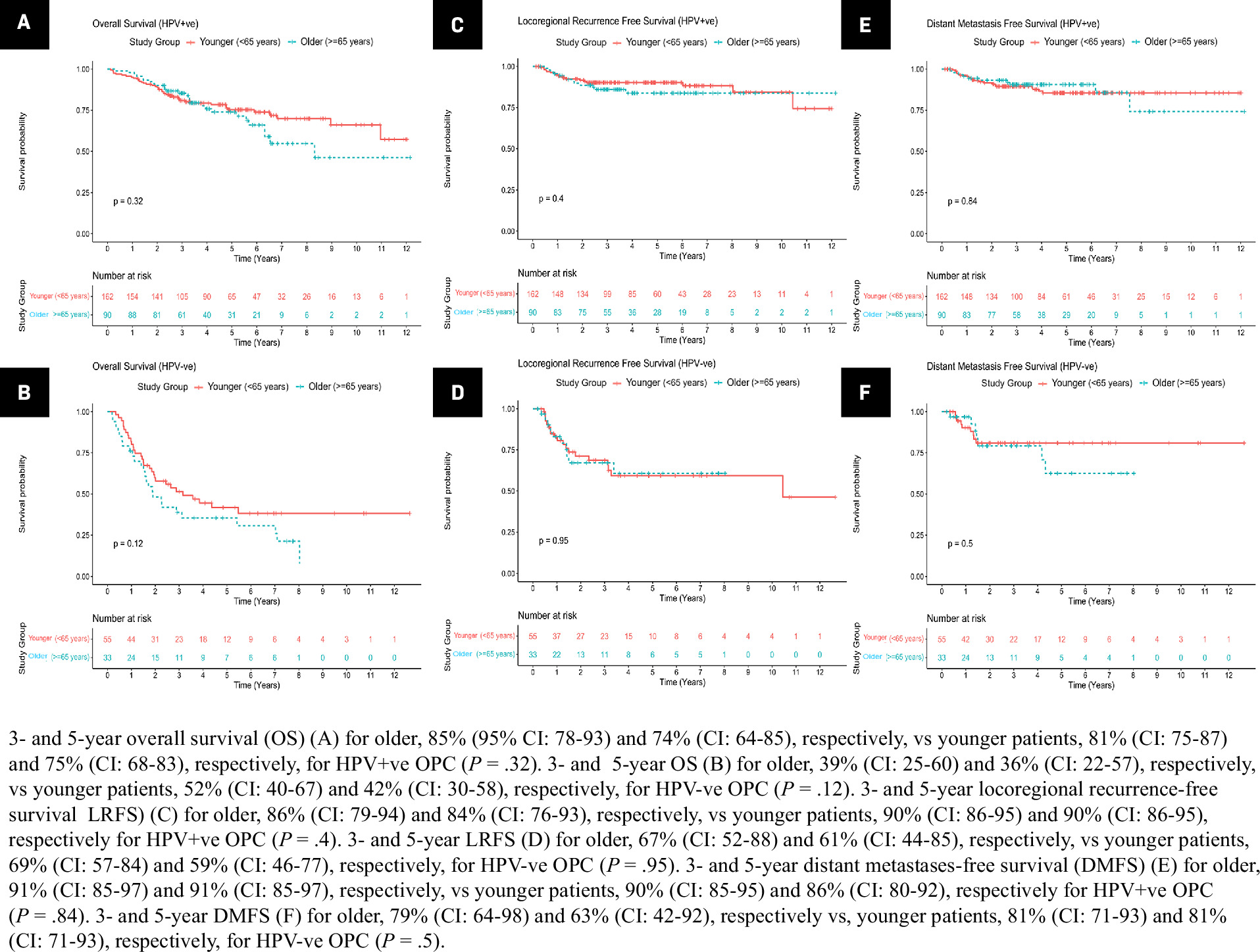 Kaplan-Meier estimates of survival endpoints for the study cohort (N = 340) in older (≥ 65 y) vs younger (< 65 y) patients with log-rank test within HPV+-ve and HPV-ve oropharyngeal cancer (OPC).